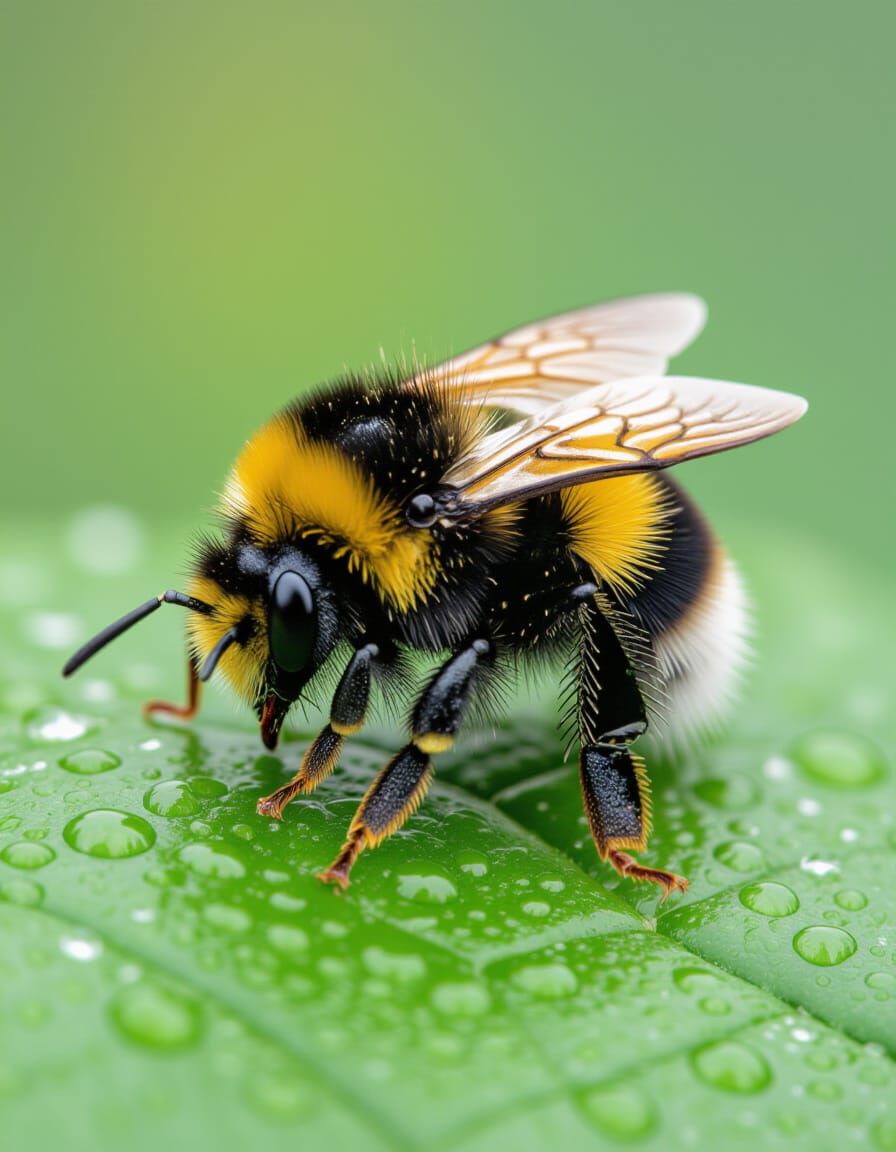 Sleepy Bumblebee Macro Photograph with Raindrops