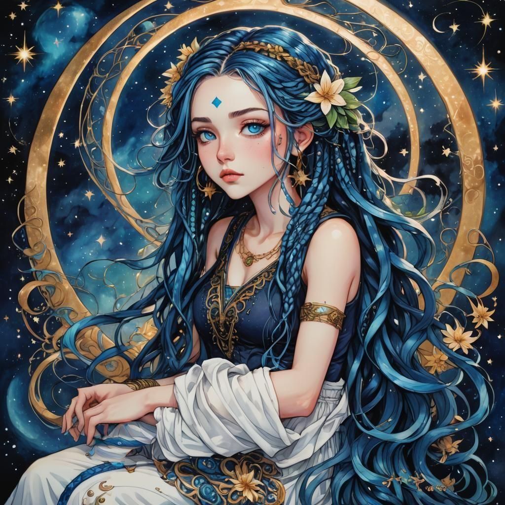 Anime Girl on Crescent Moon in Arcane Style