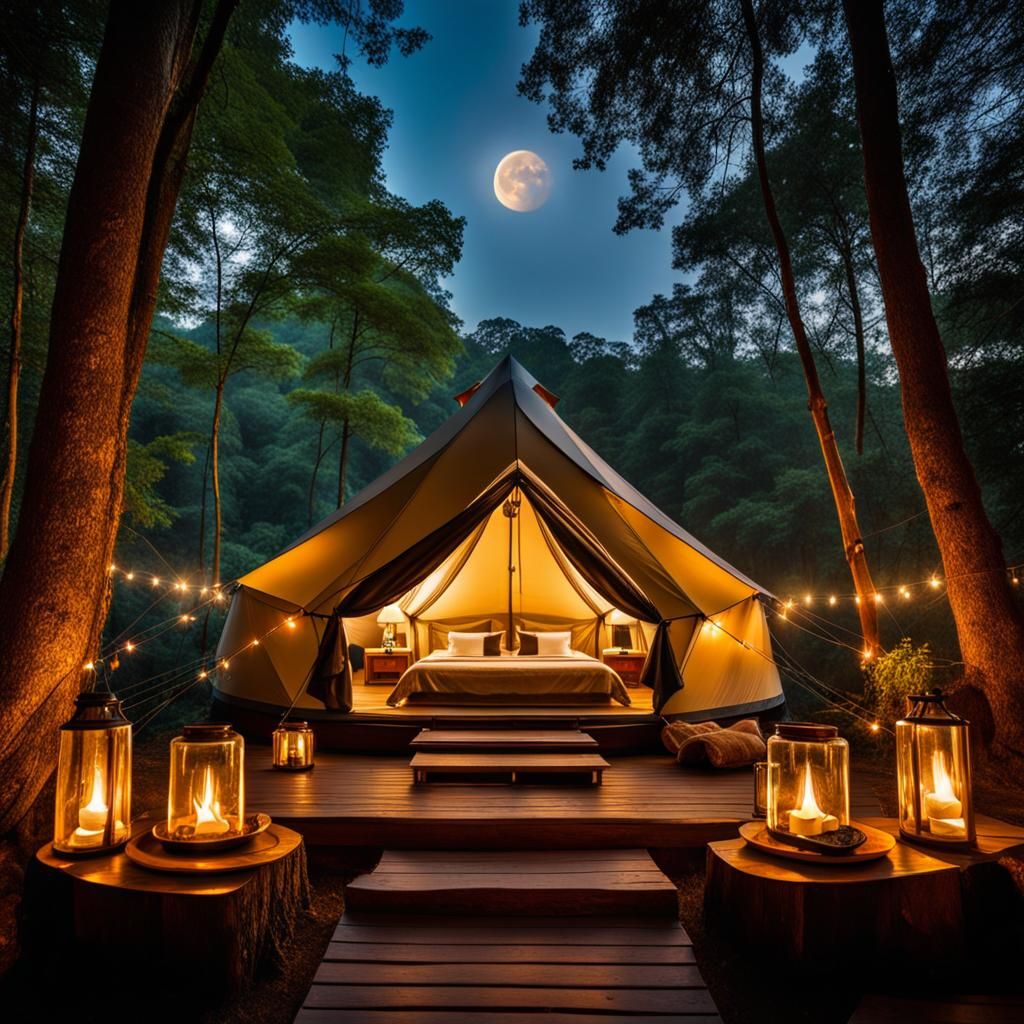 An elegantly styled camping tent, deep in the magical forest