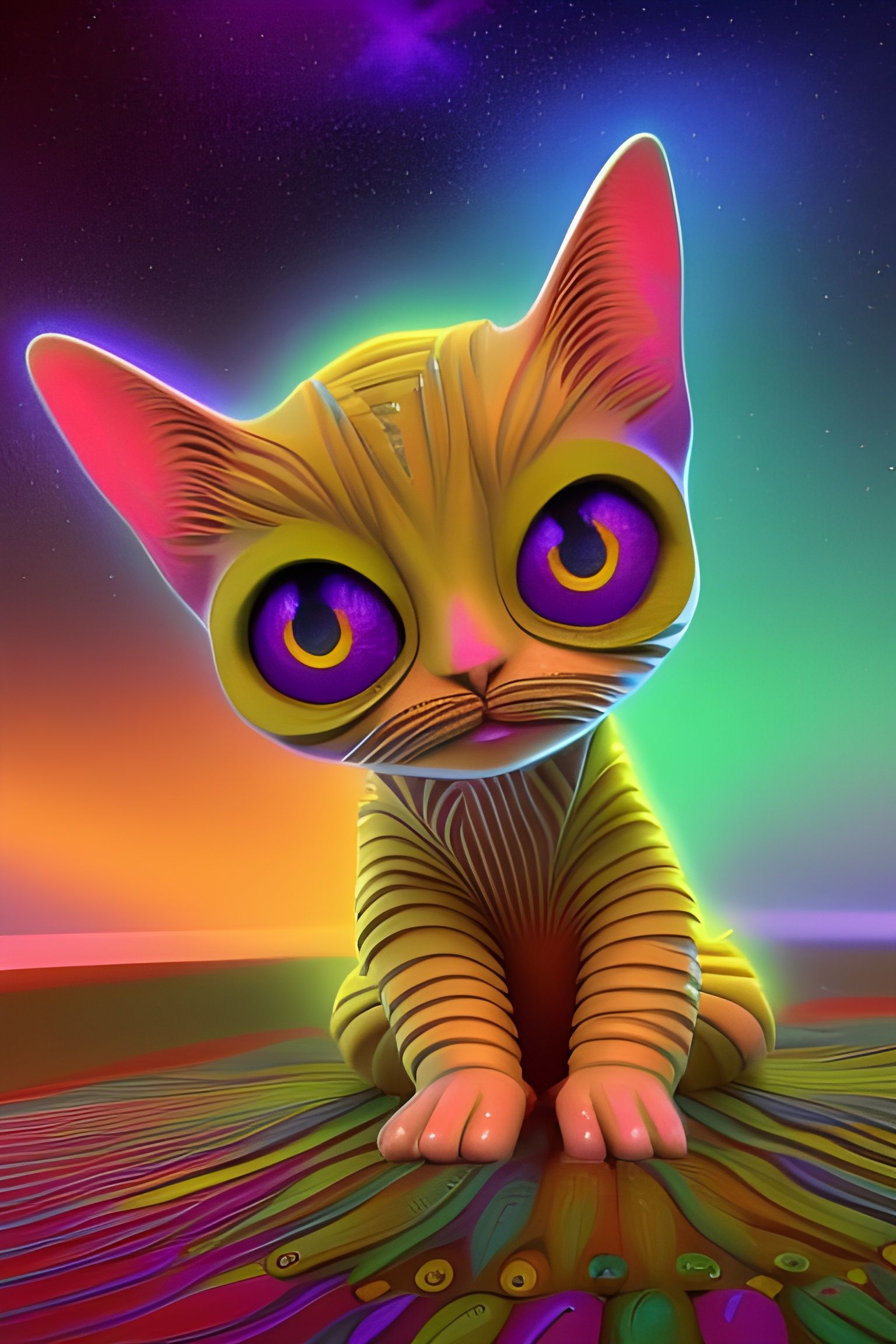 Psychedelic Claymation Cat in Galaxy Style