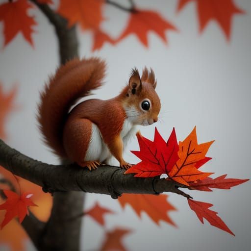 Origami Red Squirrel Among Autumn Leaves