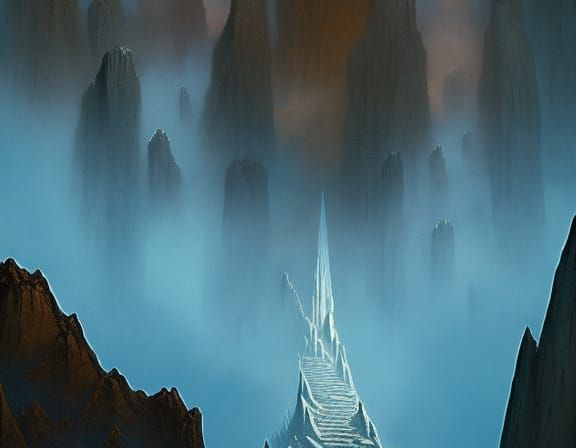 man climbing endless staircase through mountains, snow-capped mountains, forbidden temple, deep ravines ,artstation, Zdz...