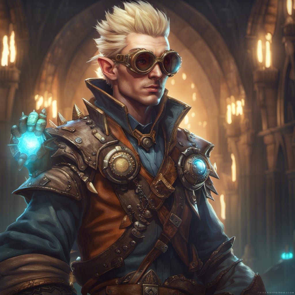 Detailed Half-Elf Artificer in Dark Fantasy Style