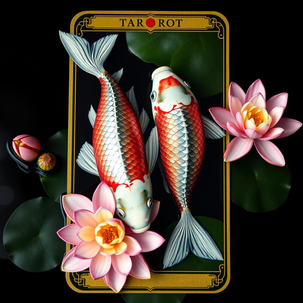 Glamorous Vintage Tarot Card with Mirrored Koi and Water Lil...