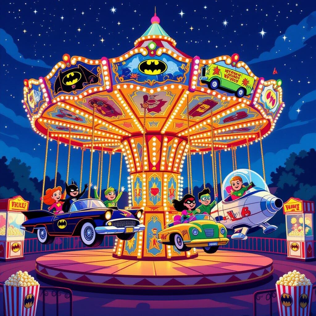 Nighttime Carousel of Pop Culture Vehicles in Cartoon Style
