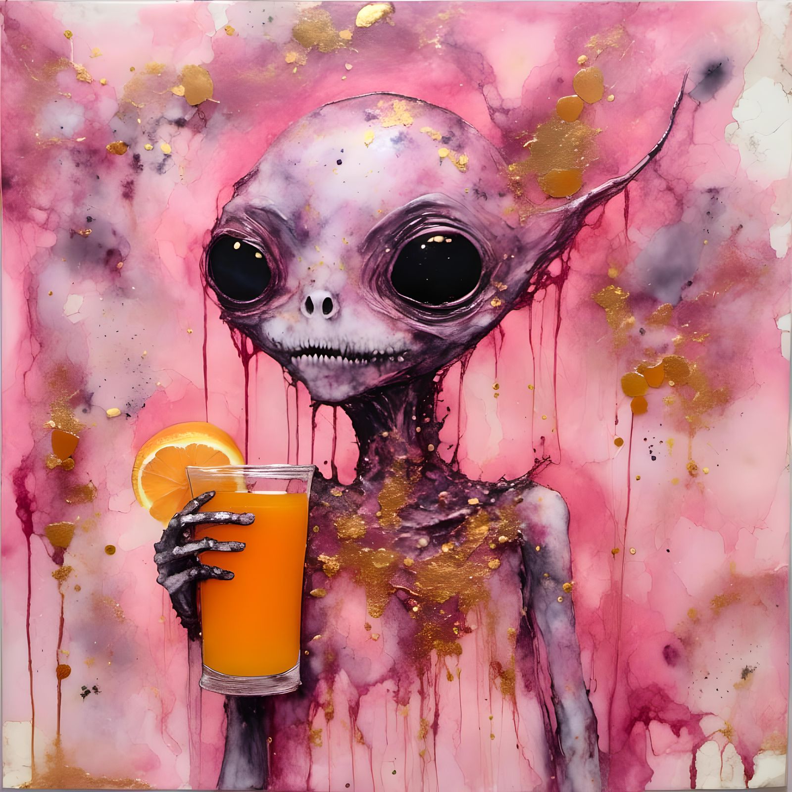 Pink Alien with Orange Juice in Encaustic Collage