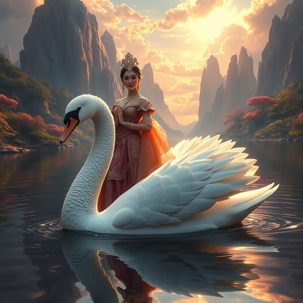 Surreal Swan and Princess in Vibrant, Fantastical Landscape