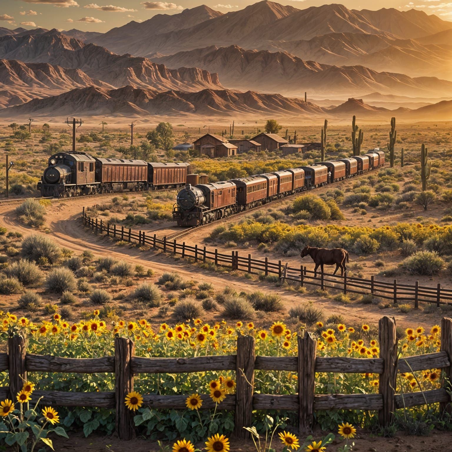 New Mexico Desert Train at Sunset