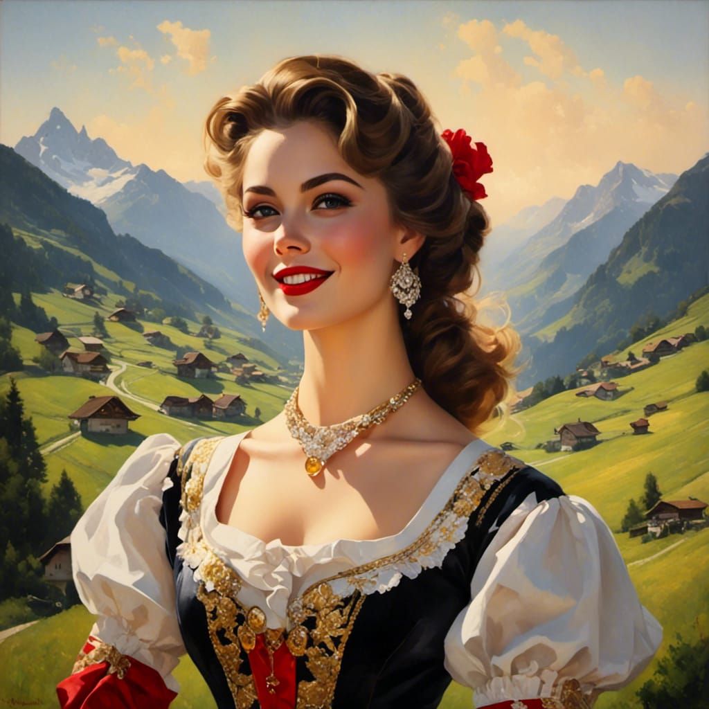 Smiling Woman in Traditional Swiss Costume Portrait