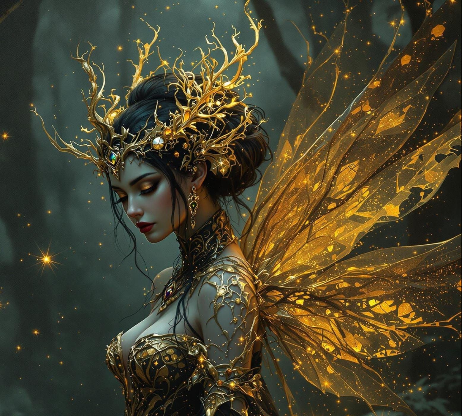 Ethereal Fairy Portrait in Gold Alcohol Ink