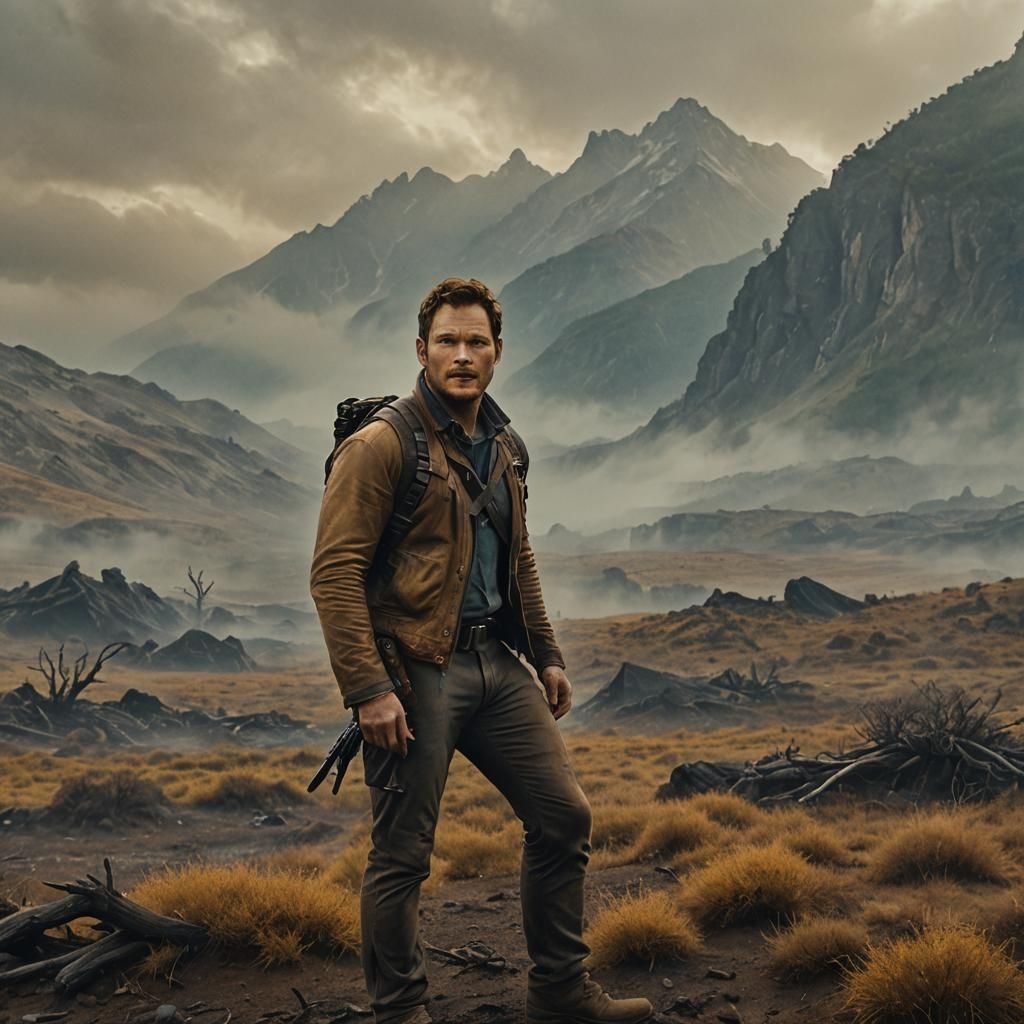 Dramatic Film Still of Man in Misty Landscape