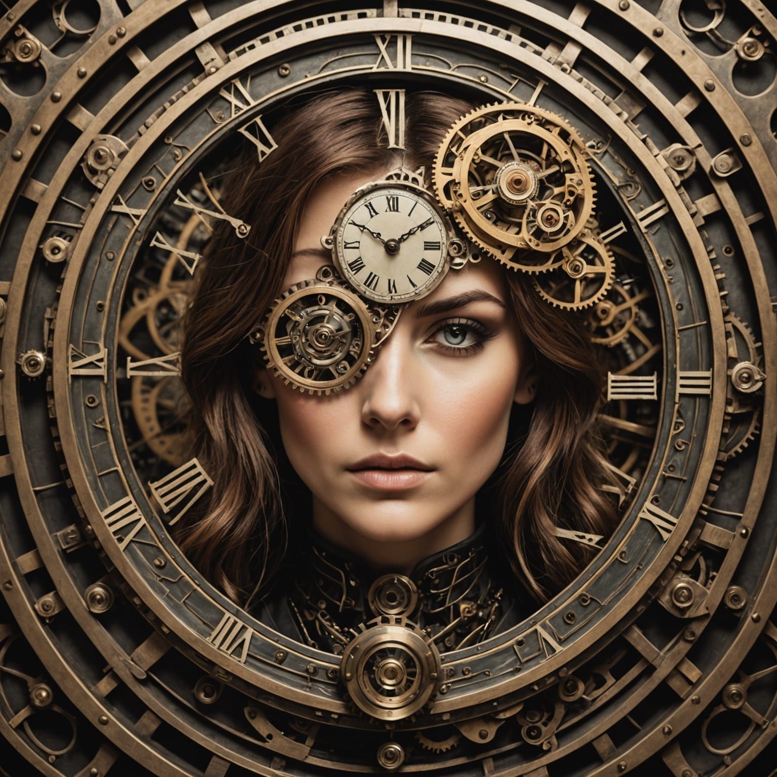 Steampunk Woman's Face Transforms into Clock