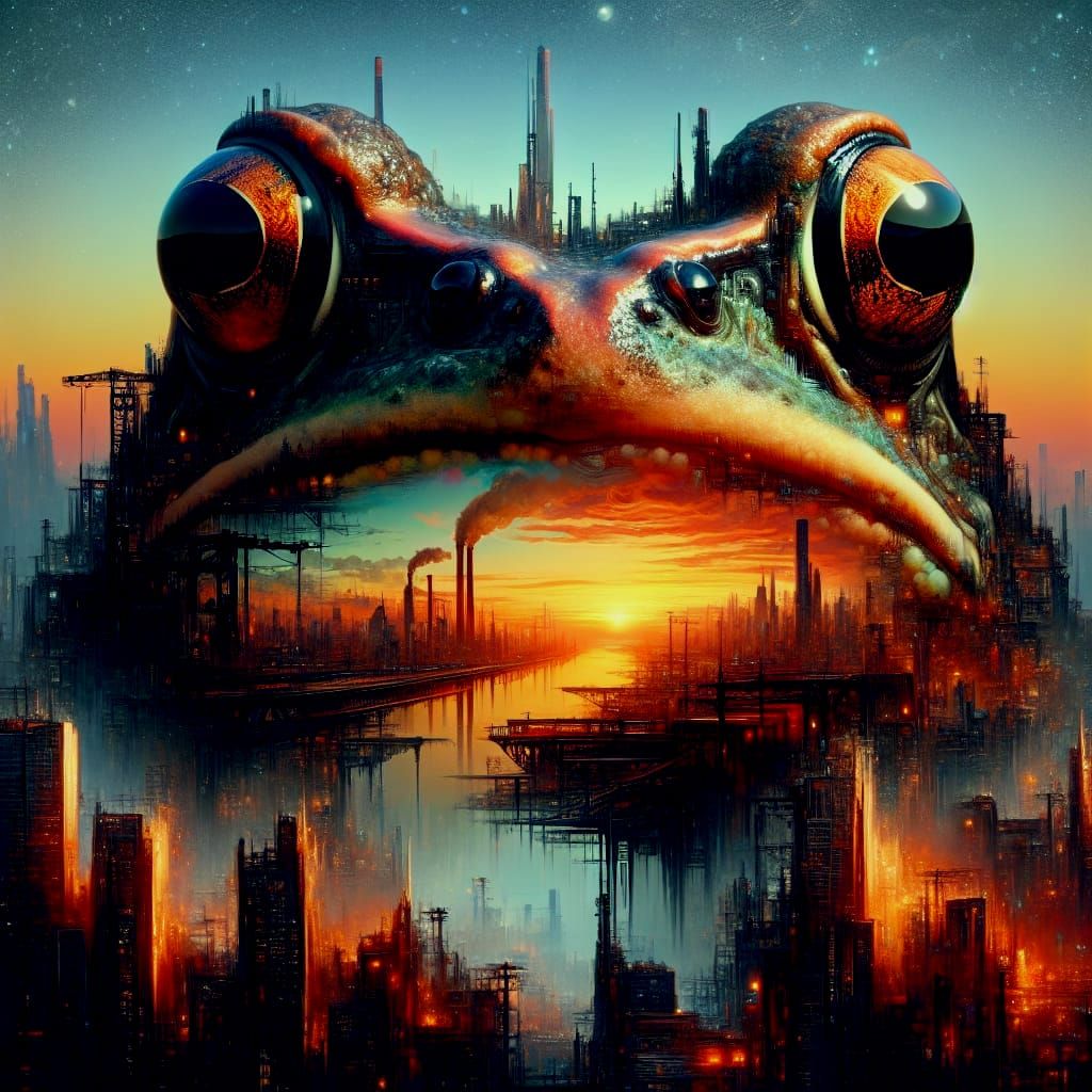 Frog Head Double Exposure: Dystopian Industrial Wasteland