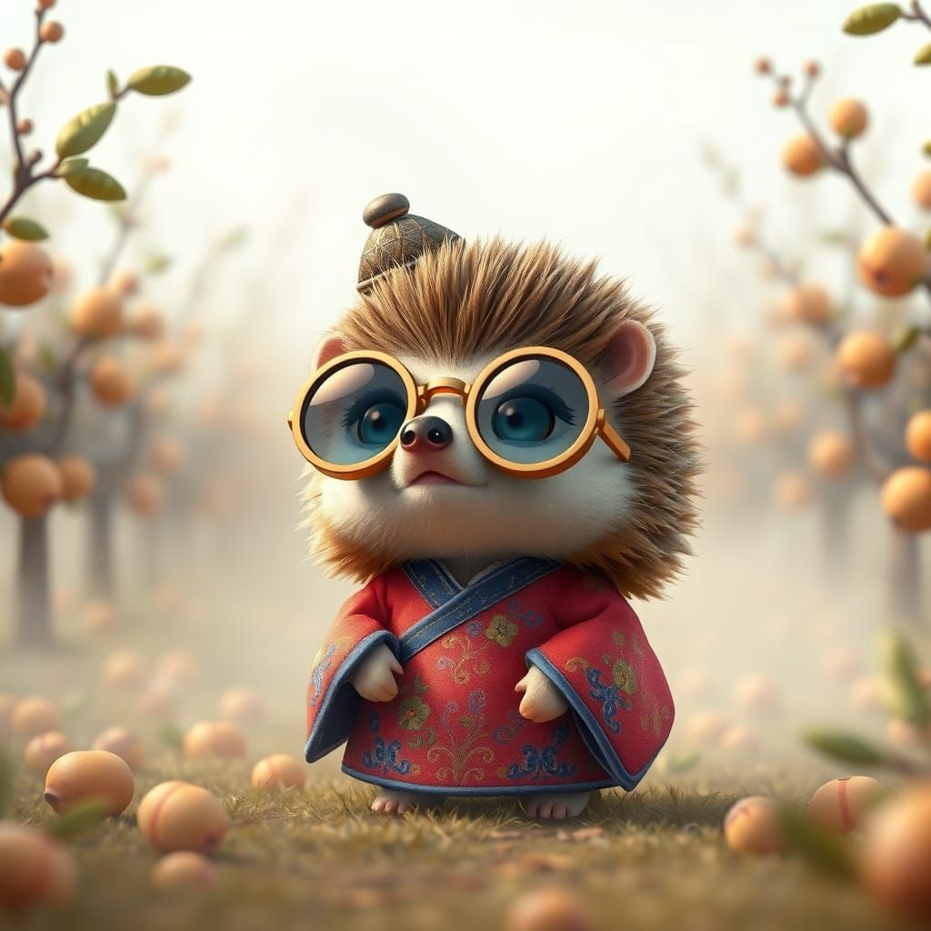 Chibi Hedgehog in Hanbok, Binoculars, and Whimsical Fog