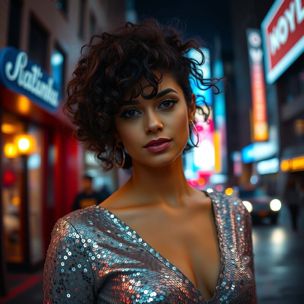 Confident Woman Shines in Silver Sequins Amidst NYC Nightlif...