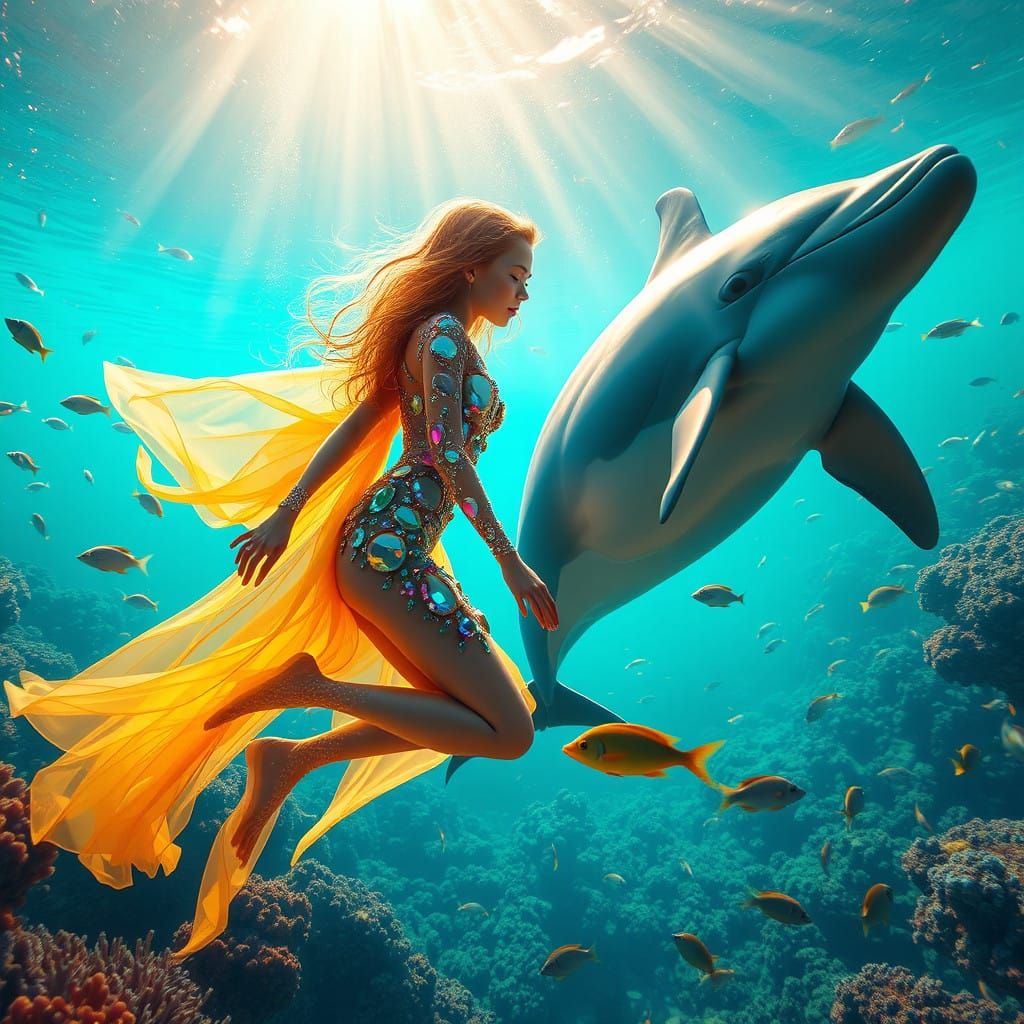 Underwater Mermaid Meets Dolphin in Vibrant Tropical Paradis...
