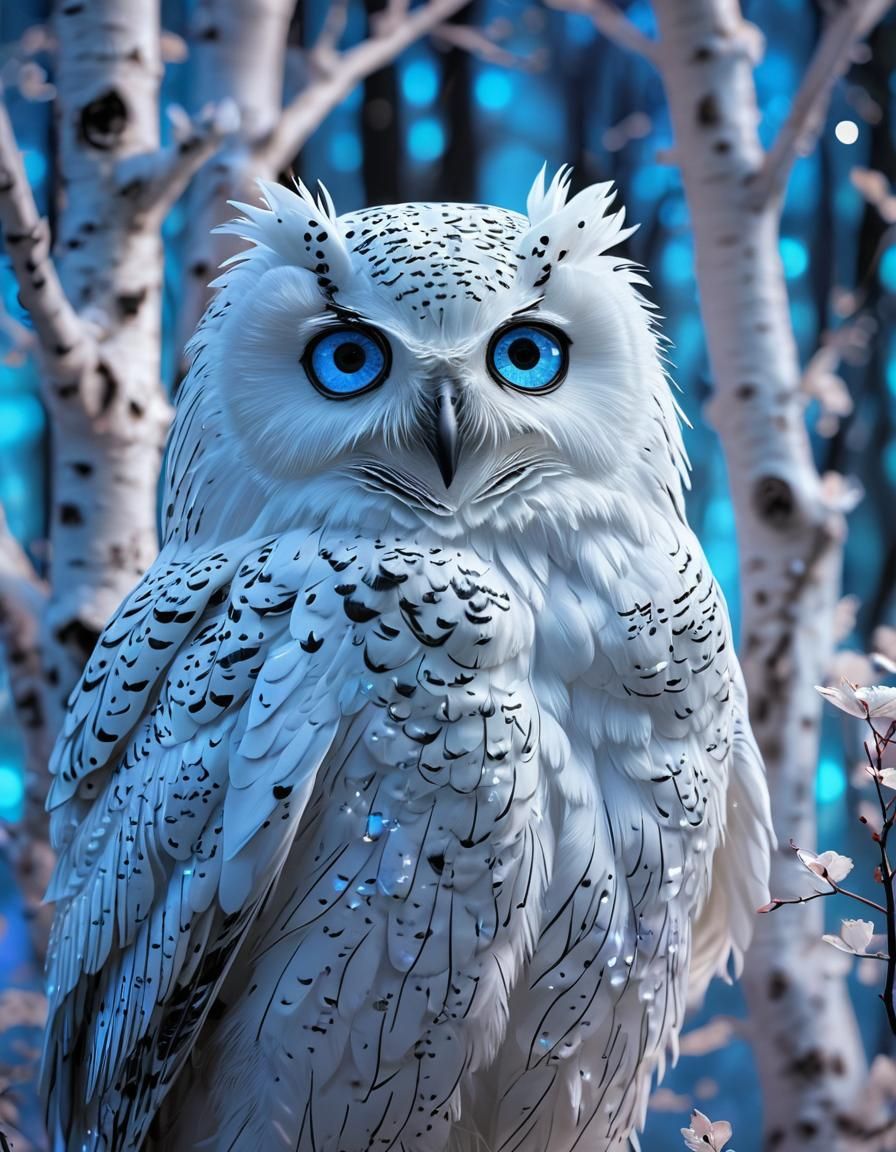 Holographic White Owl in Neon Lit Forest