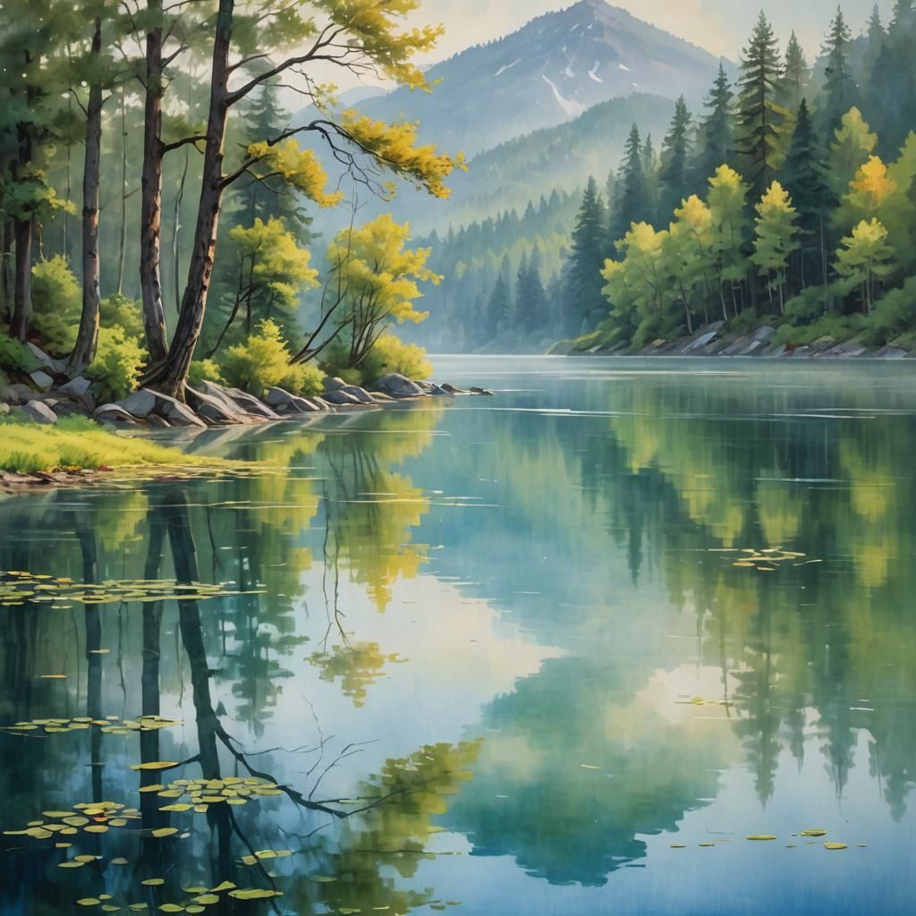 Impressionist Lake: A Misty Morning Landscape