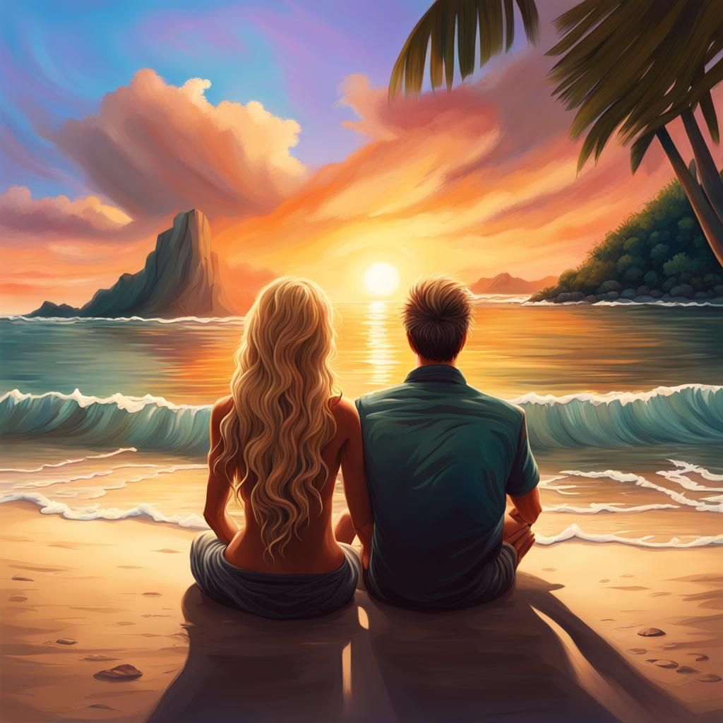 Couple on Tropical Beach at Sunset