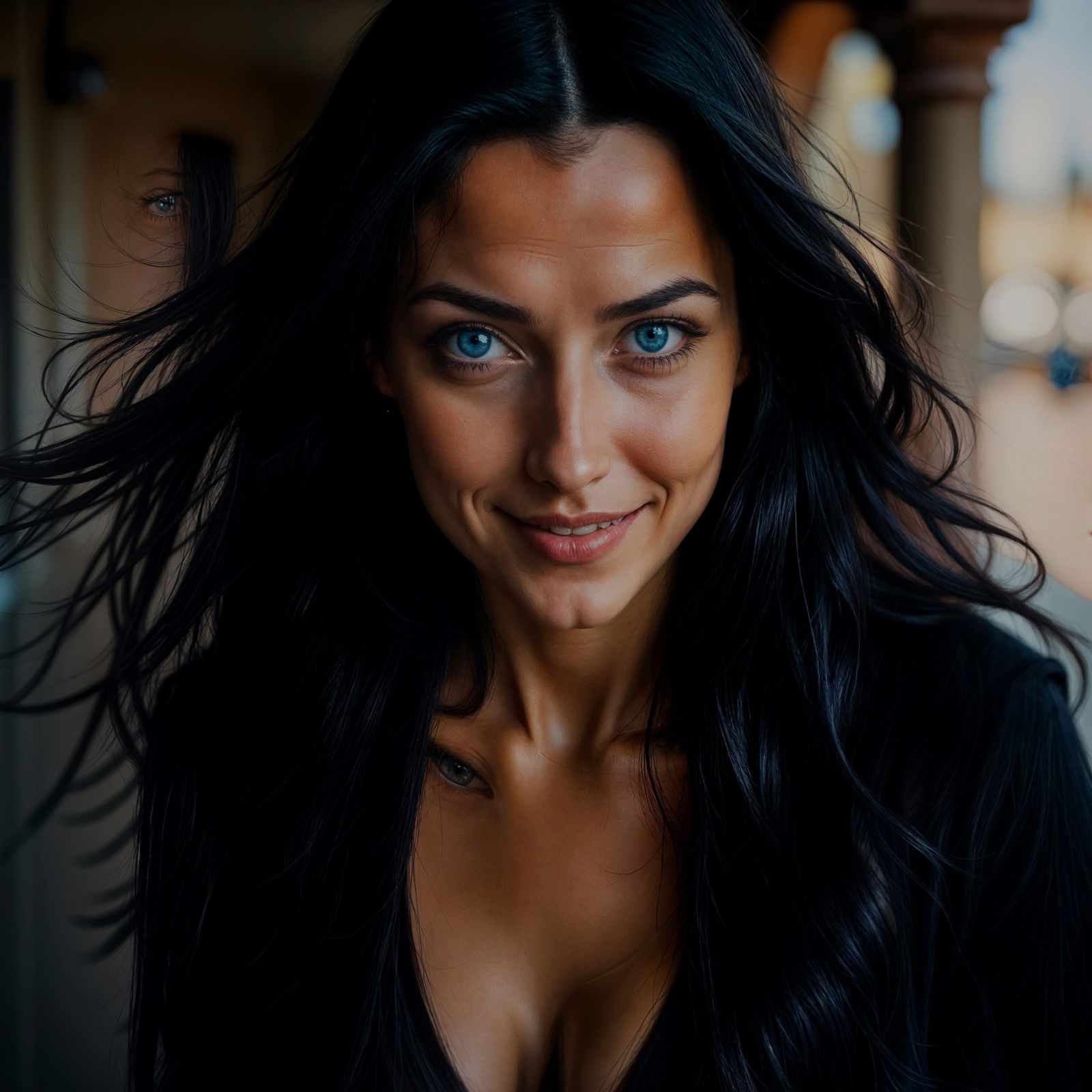 Enticing Smile: Woman with Long Black Hair
