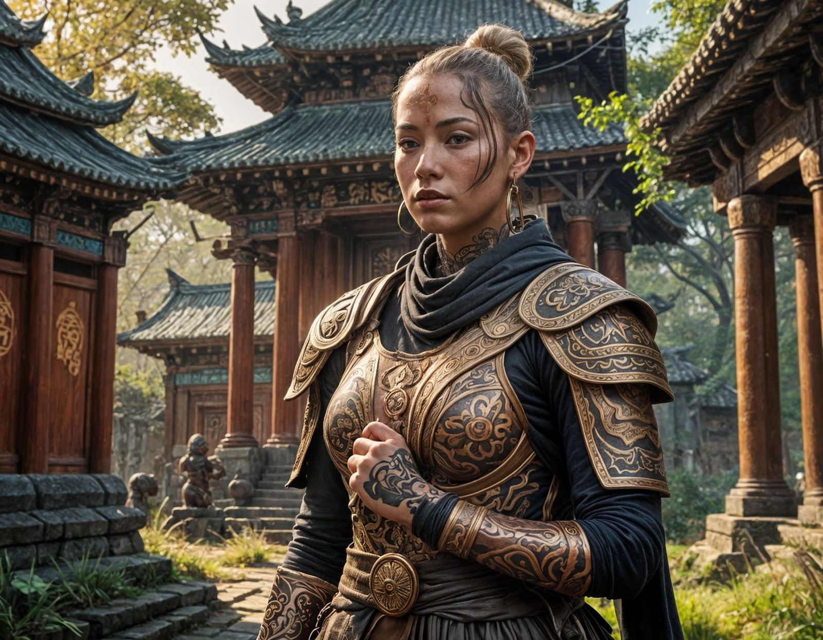 Tattooed Warrior Monk Training Outside Temple