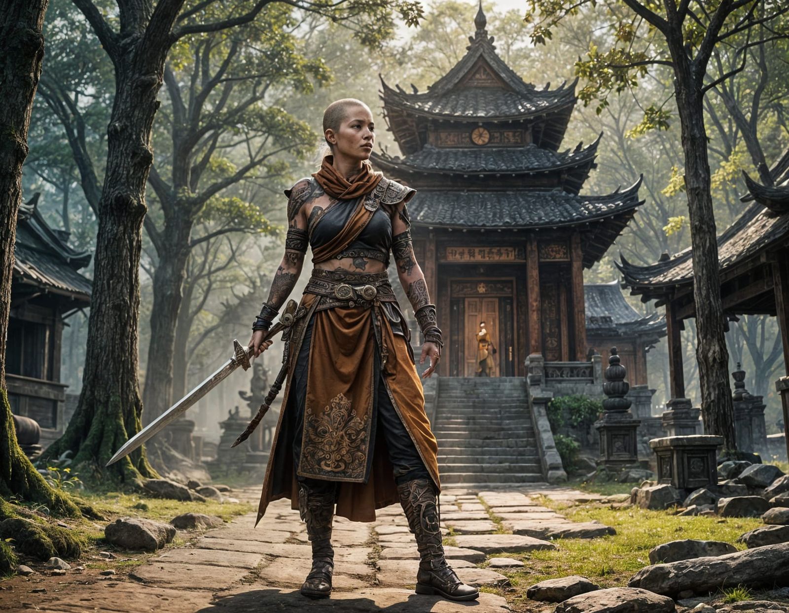 Tattooed Female Warrior-Monk in Detailed Digital Art