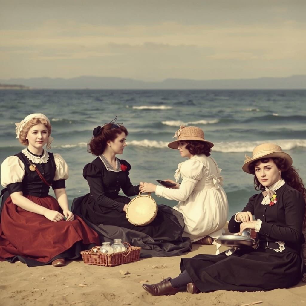 Victorian Women Picnic on Beach HDR Cinematic