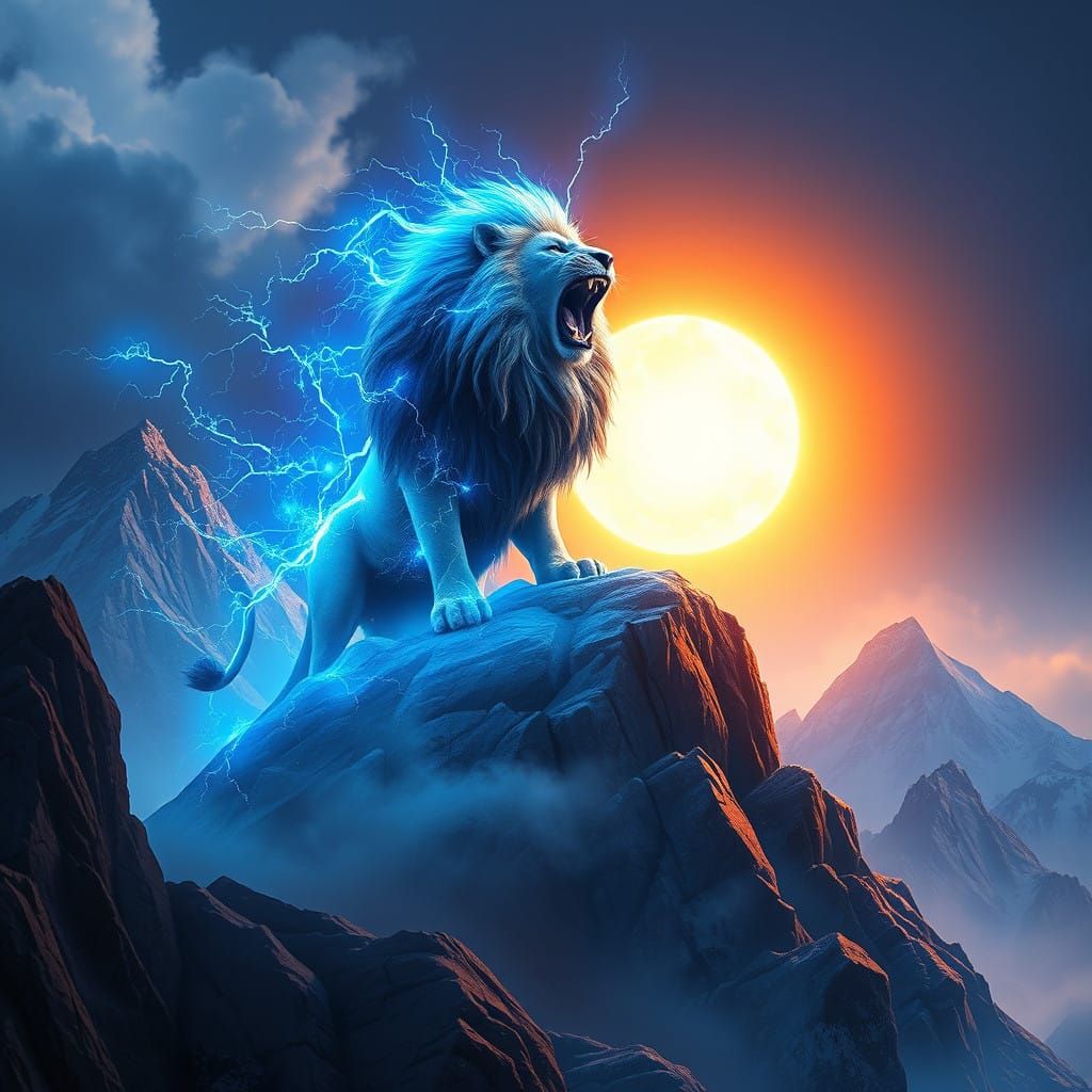 Electric Lion King Surrounded by Blue Flames on a Snow-Cappe...