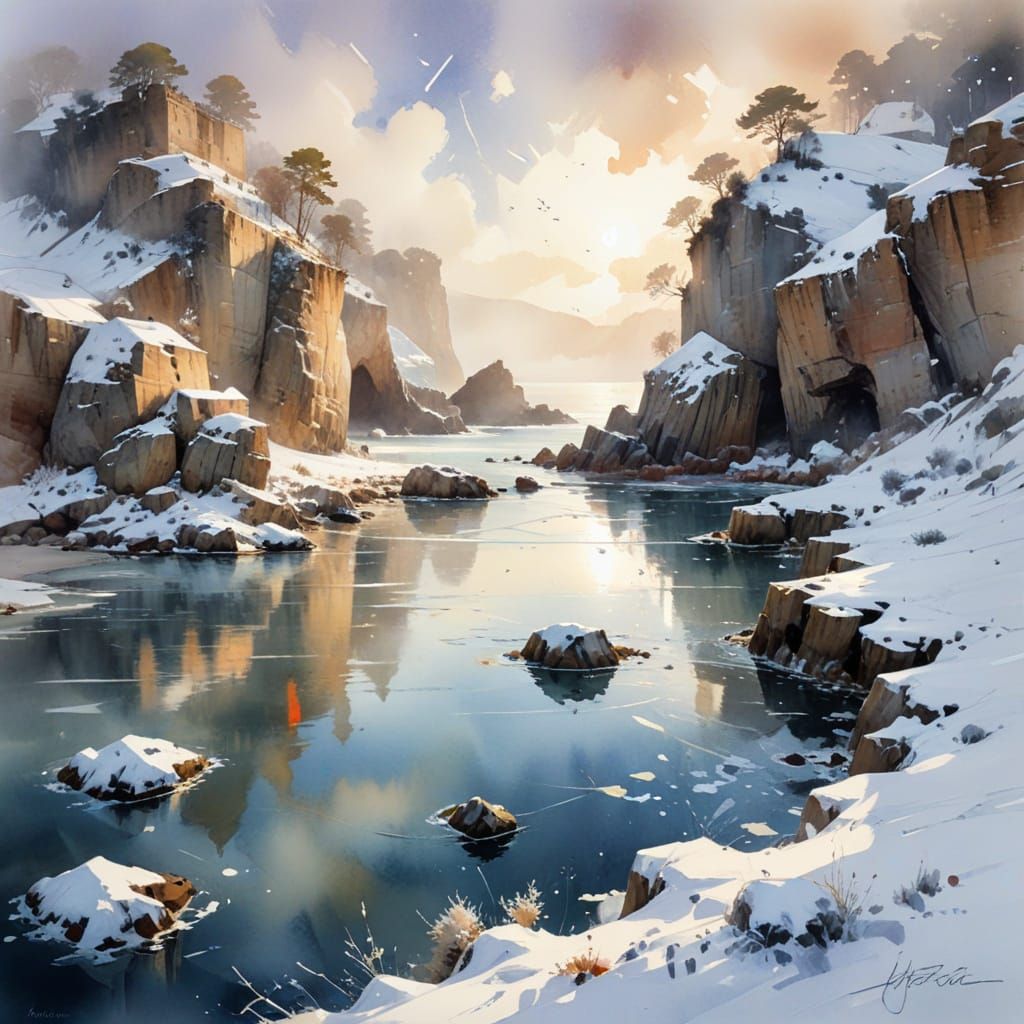Winter Cove: A Harmonious Watercolor Paradise