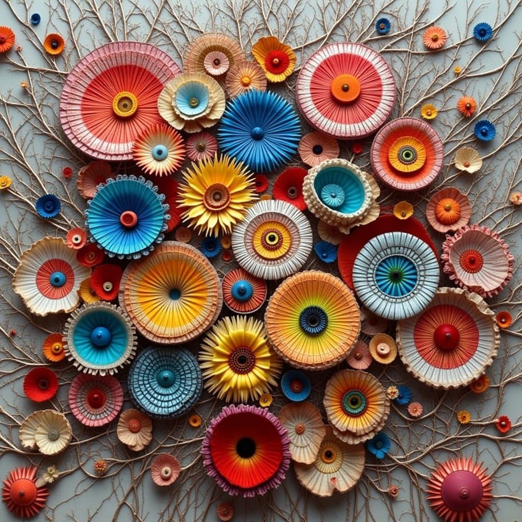 <lora:denizpekkai:1.0> Large flowers In the style of Yayoi Kusama a colorful and extravagant ceramic sculpture