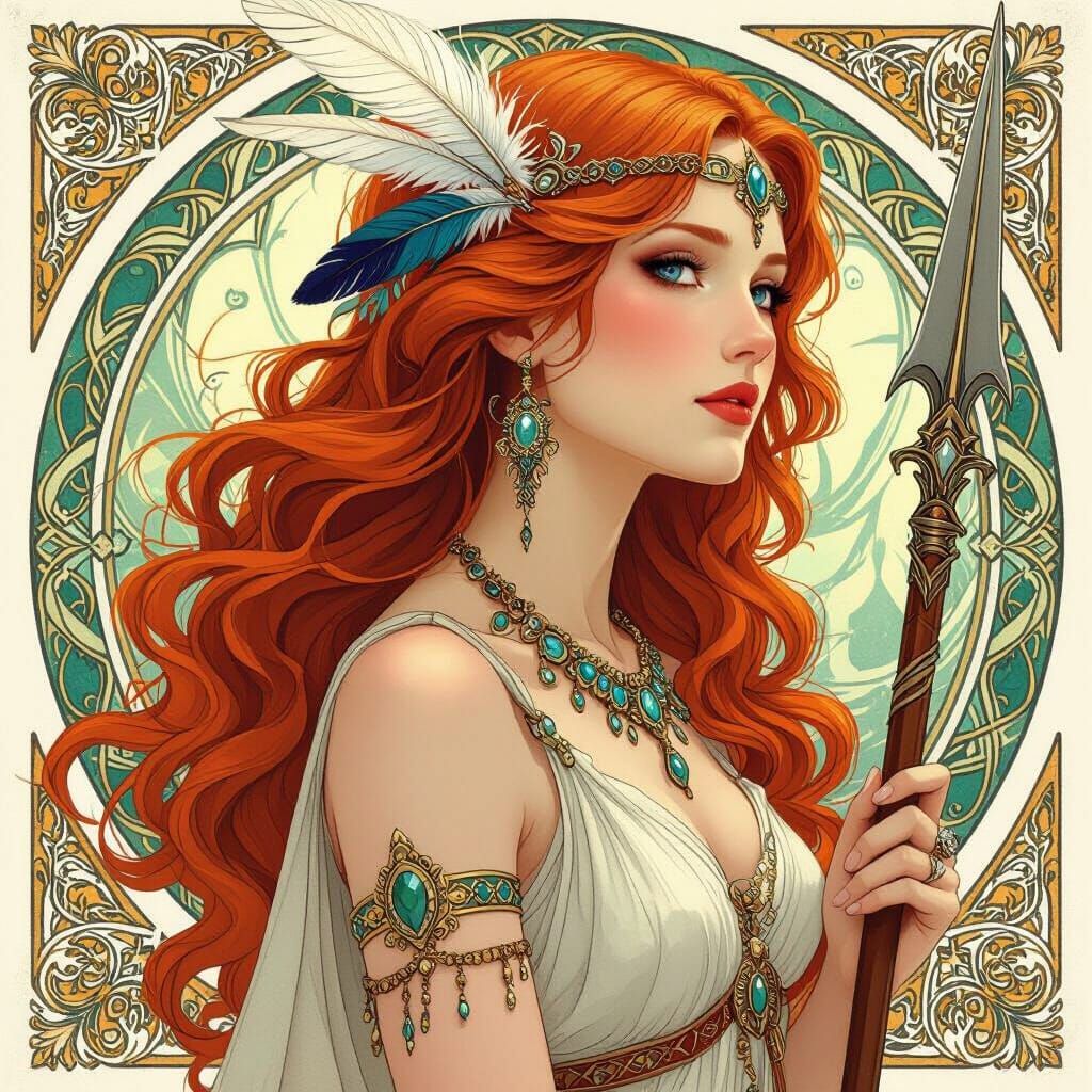 Auburn Goddess with Spearhead Jewellery in Art Nouveau Style