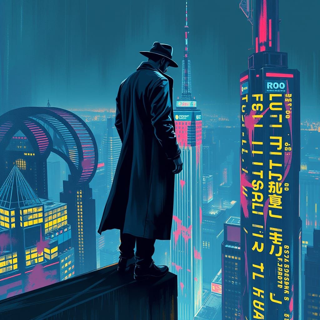 Futuristic Noir: Lone Figure in a Neon Cityscape