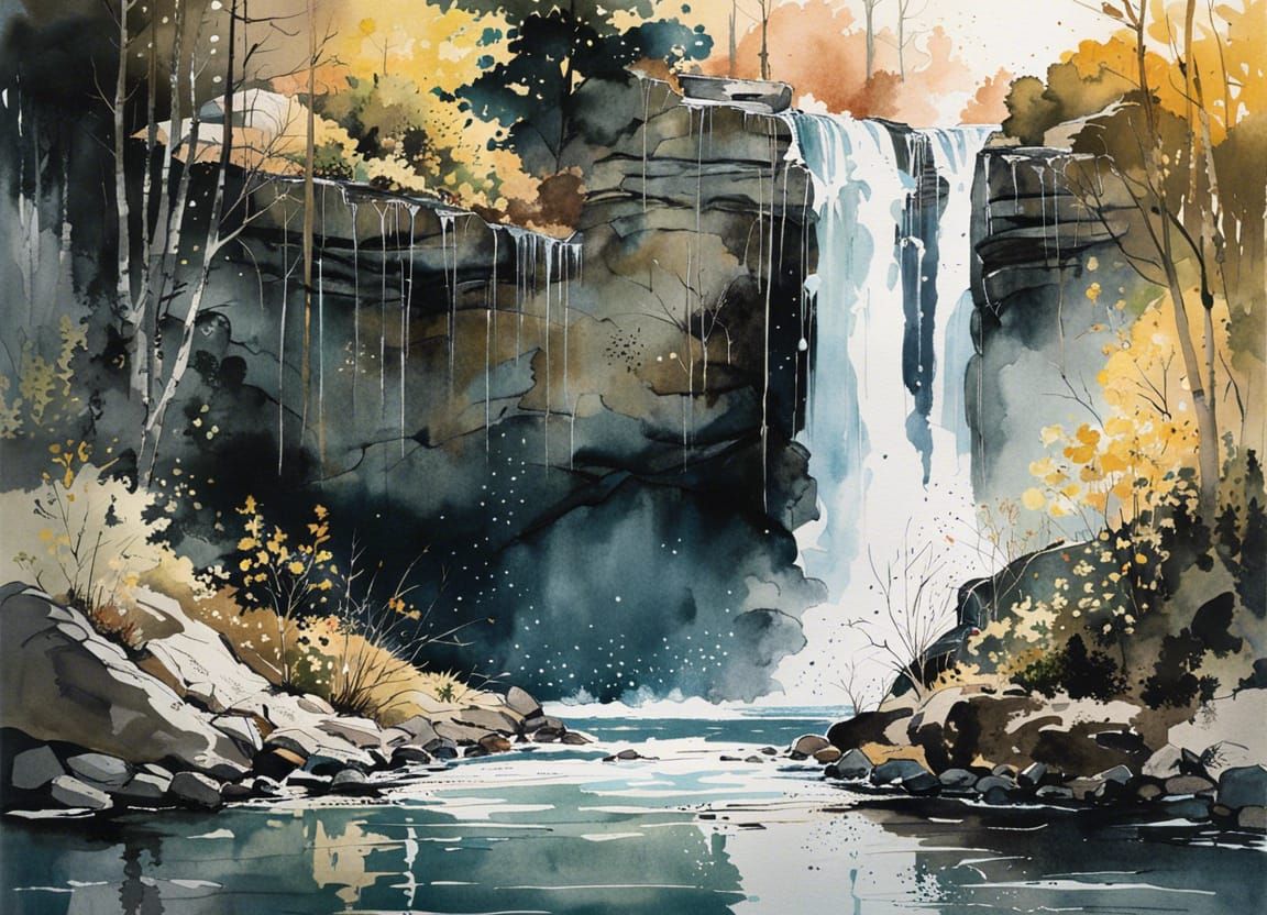 Sunny Waterfall in Soft Watercolor Illustration