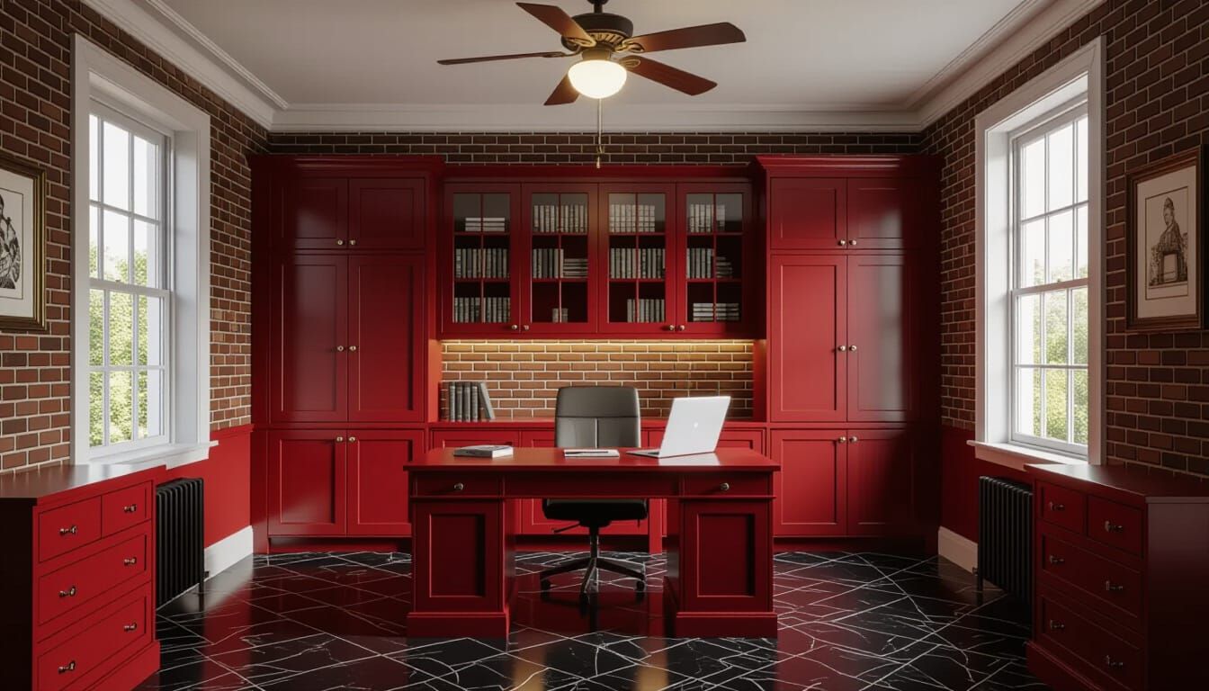 Vibrant Victorian Working Room with Dark Red Cabinets