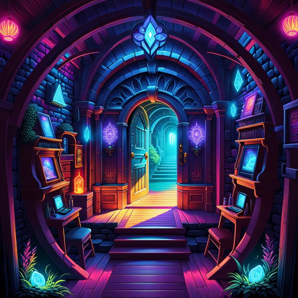 Bioluminescent Fantasy Tavern Cellar with Magical Doorway