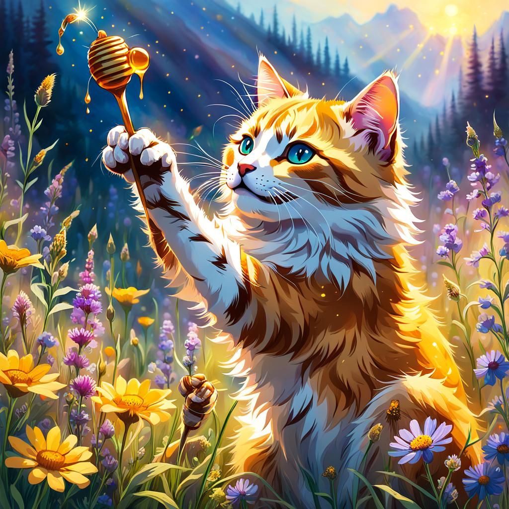 Cat with Honey Dipper in Fantasy Wildflowers