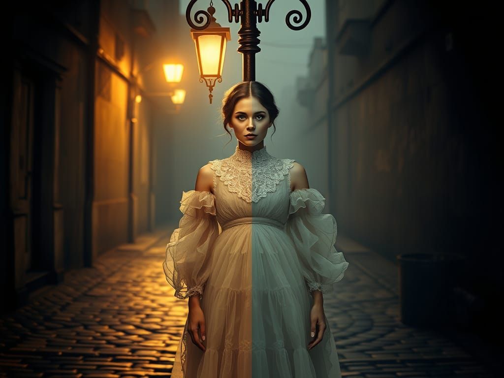 Ethereal Woman in Mystical Street Scene, Cyberpunk Aesthetic