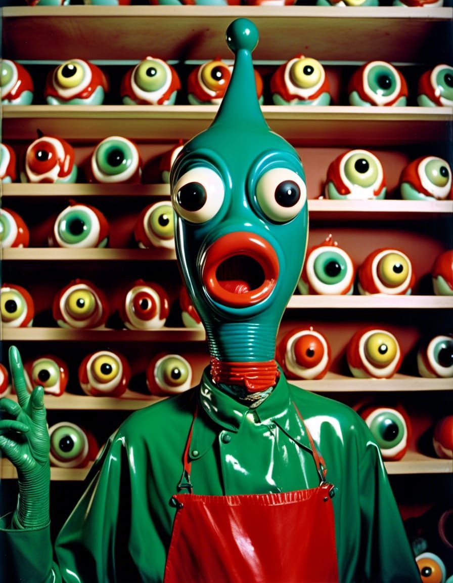 scary gumby alien in the kitchen