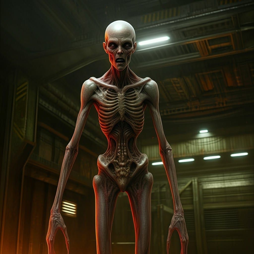 Terrifying Skeletal Alien in Industrial Shadow