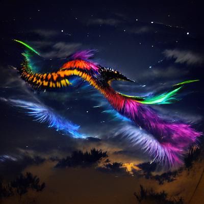 Colorful Feathered Dragon in Night Sky