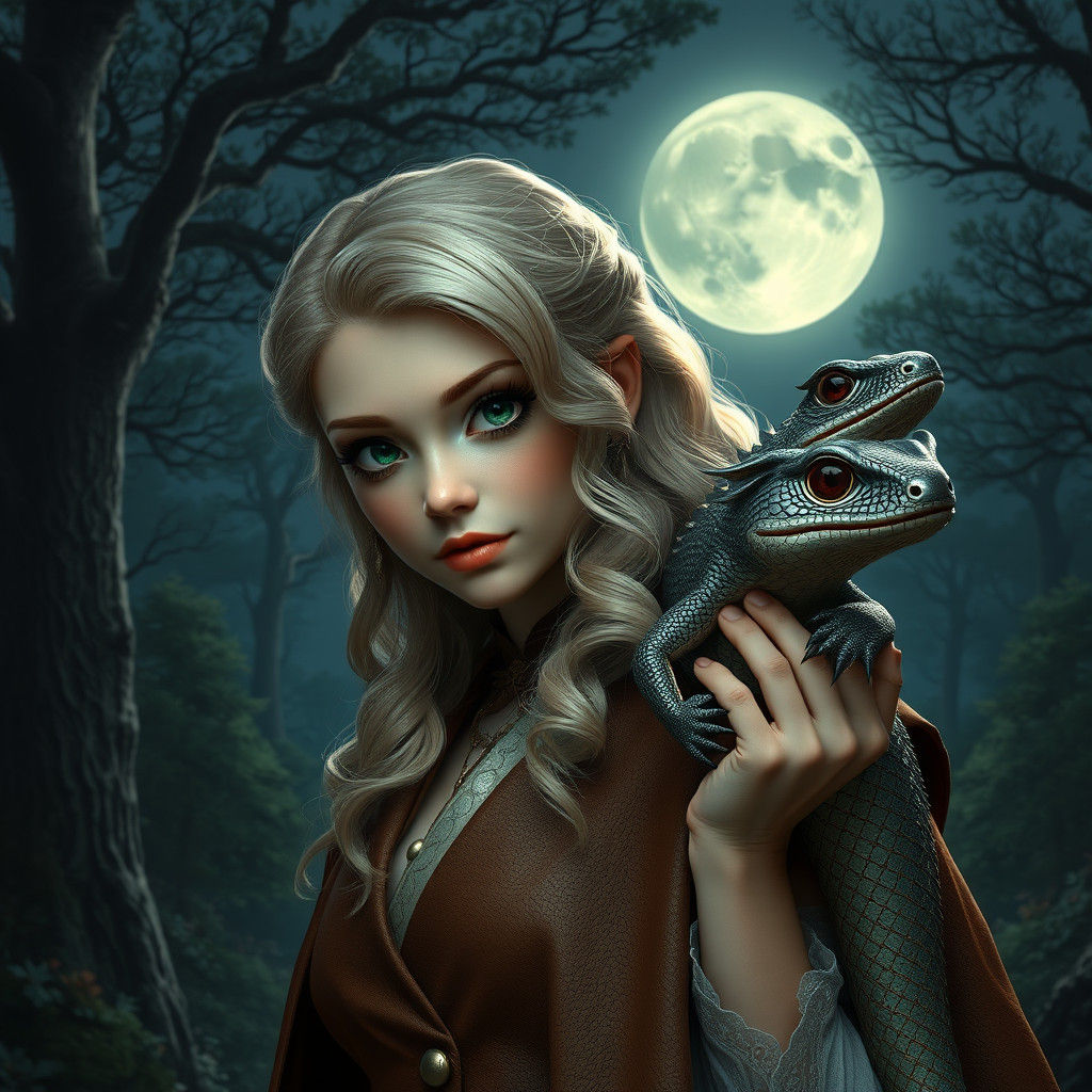 Blonde Woman with Dragon in Enchanted Forest