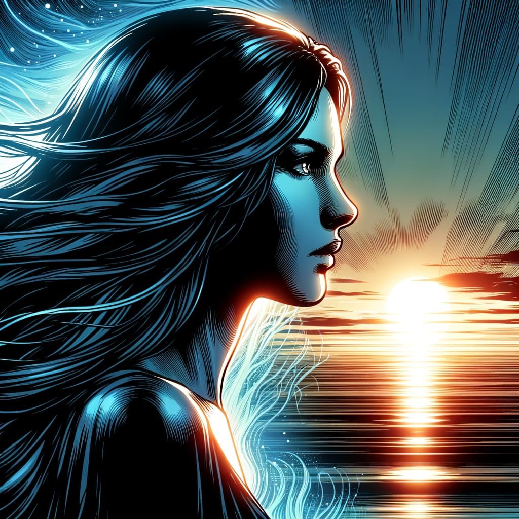 Comic Book Woman Gazing at Sunset with Blue Aura