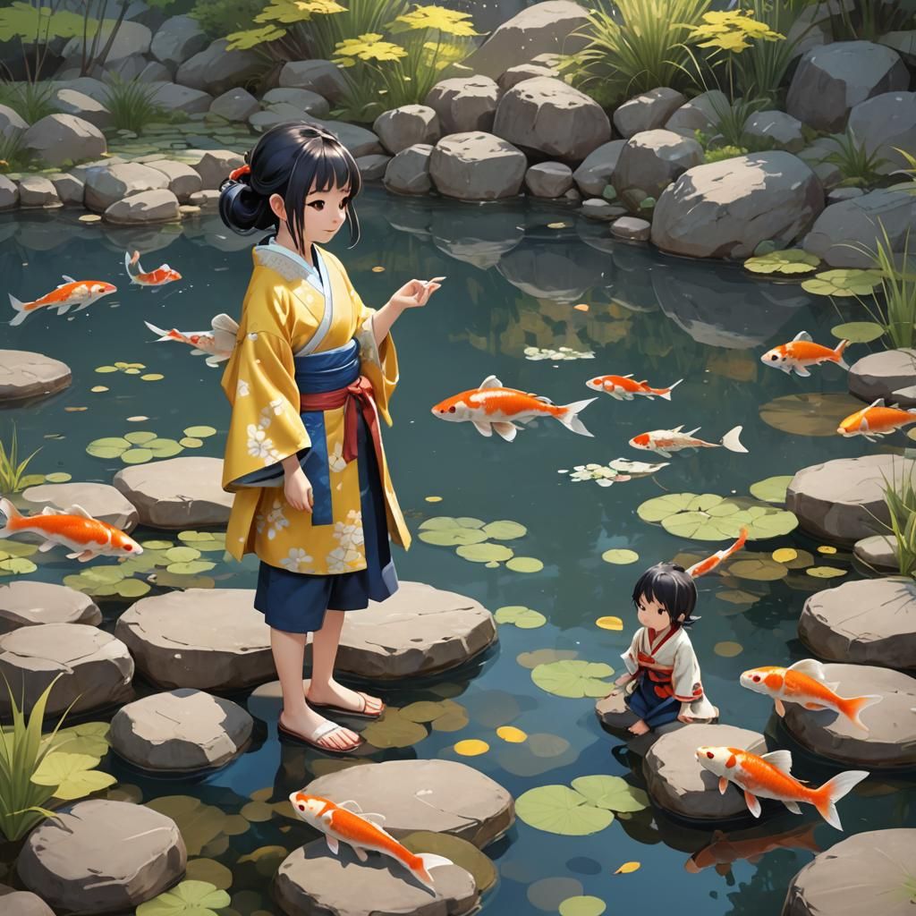 Children in Kimonos Watching Koi: 3D Anime Art