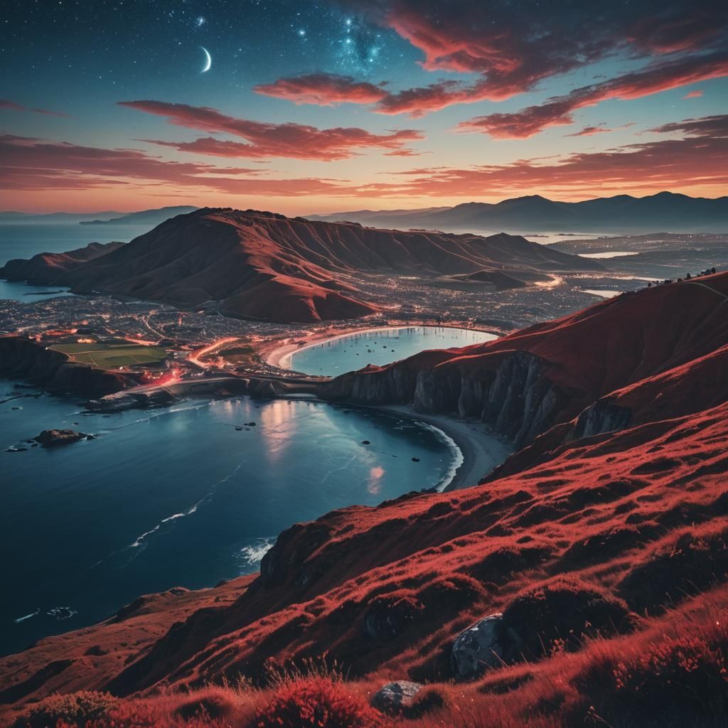 Heavenly Coastal City with Red-Blue Nebula