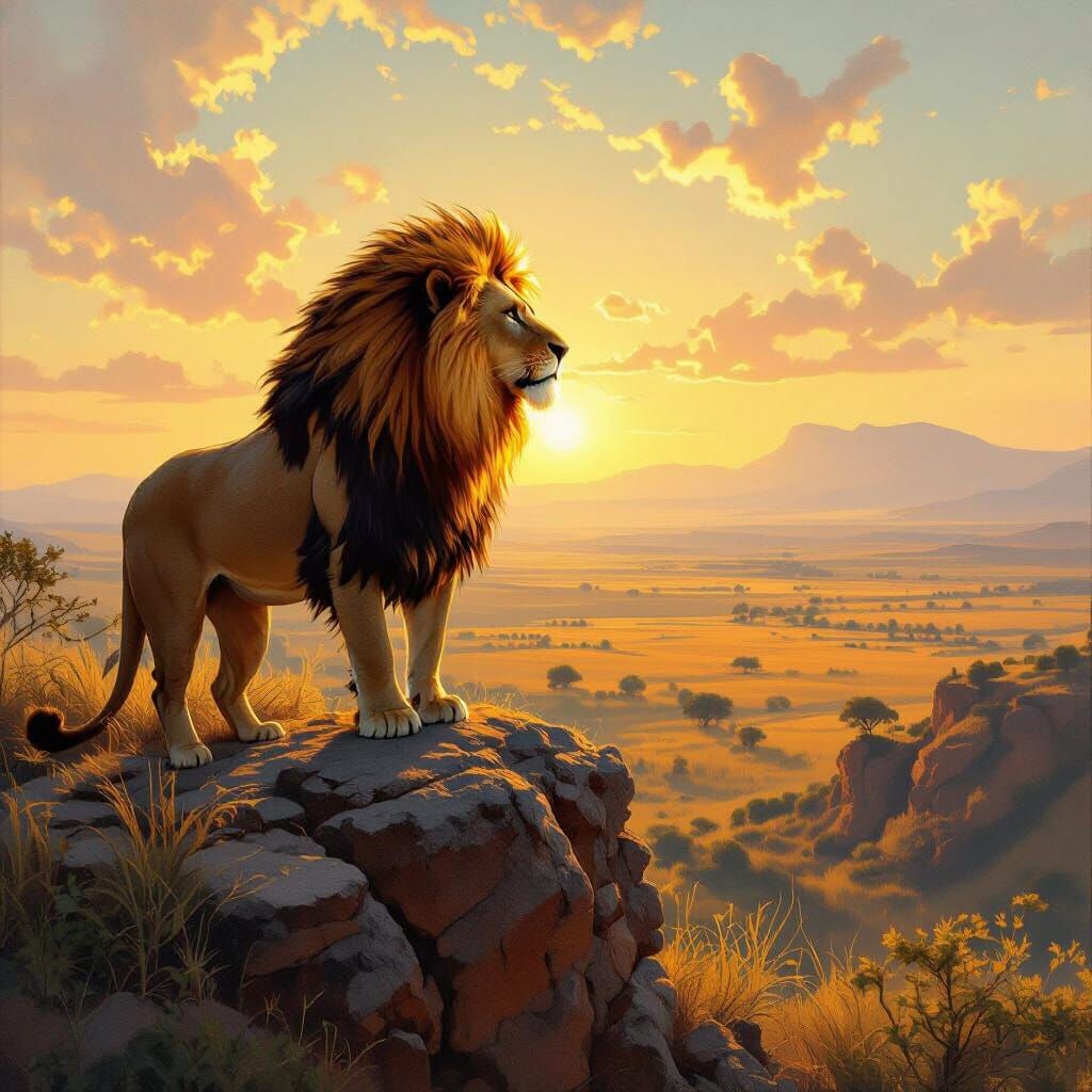 Lion with Fiery Mane Overlooking Savannah, in Oil Painting S...