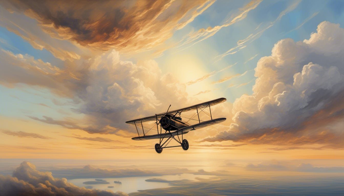 Biplane Over Cloudscape in Atmospheric Style