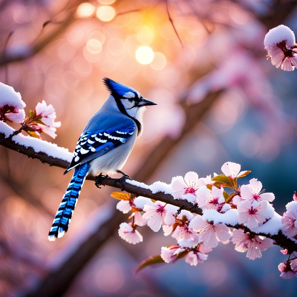 Blue Jay Slumber on Snowy Cherry Branch