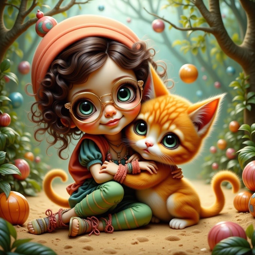 Whimsical Child Hugs Playful Annoyed Kitten in Doll Clothes