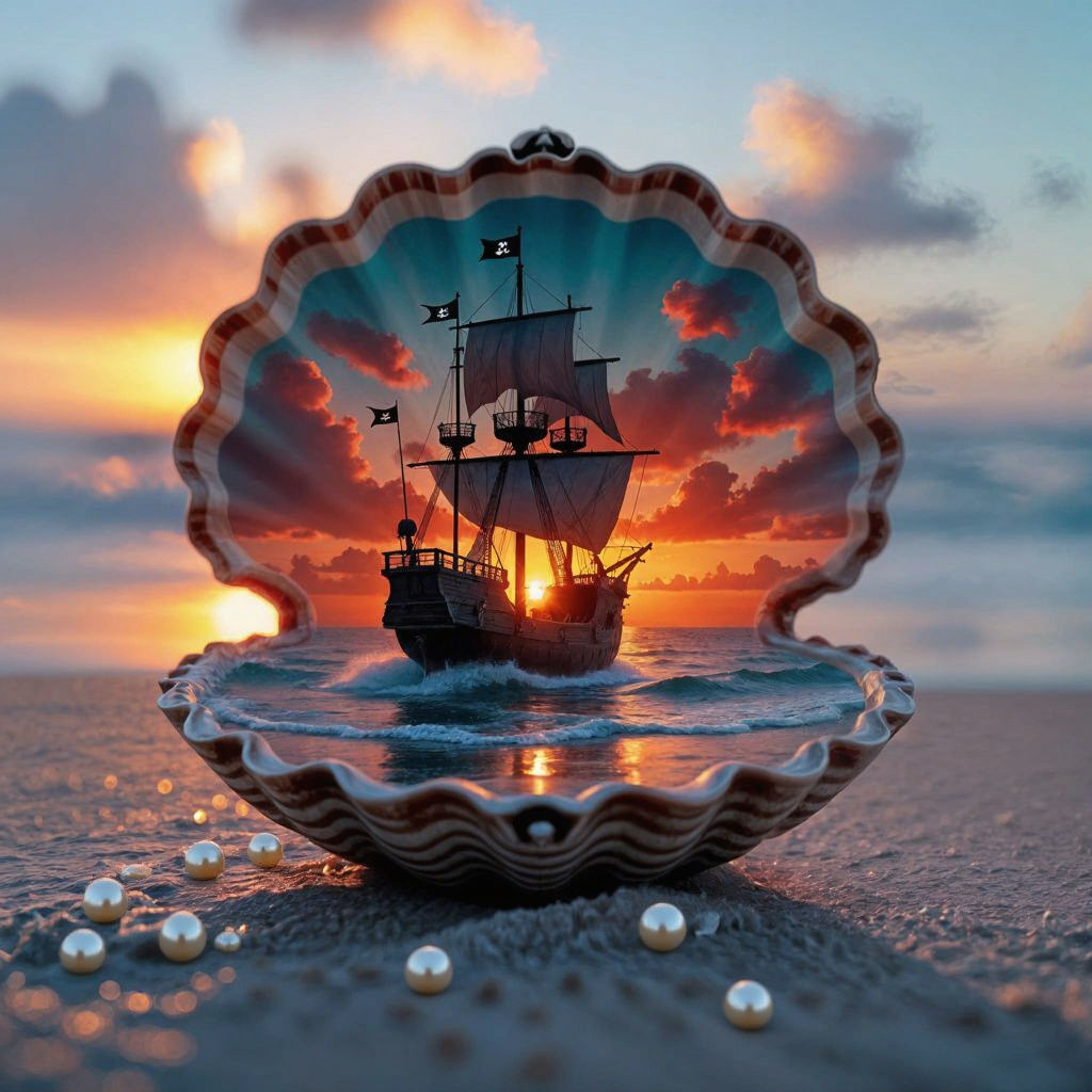 Surreal Pirate Ship Sunset in Clamshell