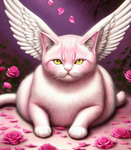 Pink Angel Cat on Rose Petal Bed